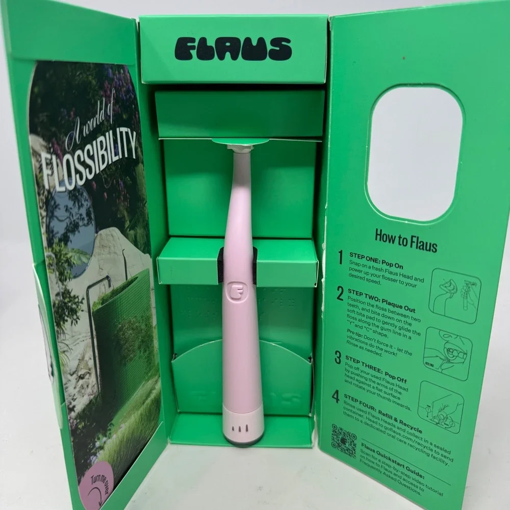 Flaus Electric Flosser Pink Starter Kit with 90ct Refill Heads and Mirror Mount